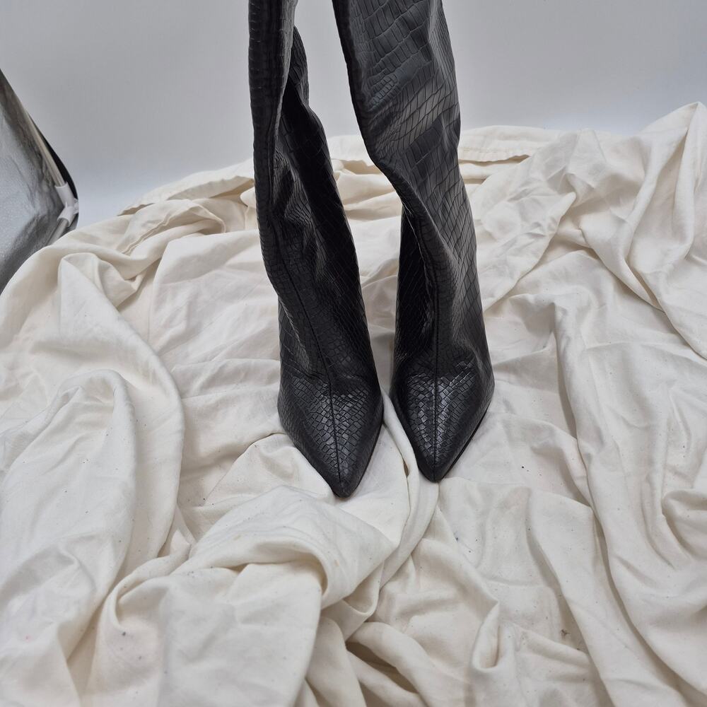 Schutz Maryana Embossed Leather Knee-High silhouette Boot black pointed-toe 6.5